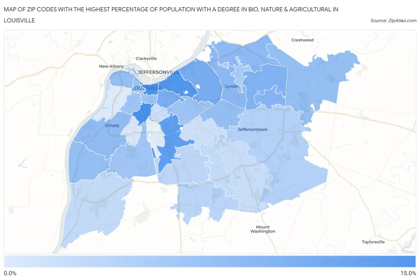 Zip Codes with the Highest Percentage of Population with a Degree in Bio, Nature & Agricultural in Louisville Map