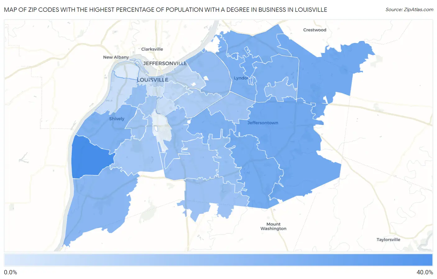 Zip Codes with the Highest Percentage of Population with a Degree in Business in Louisville Map