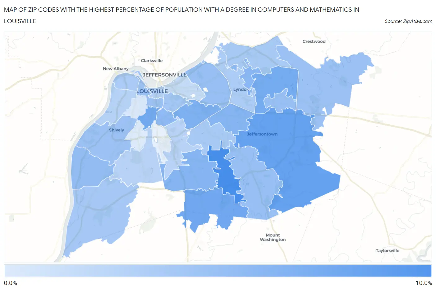 Zip Codes with the Highest Percentage of Population with a Degree in Computers and Mathematics in Louisville Map