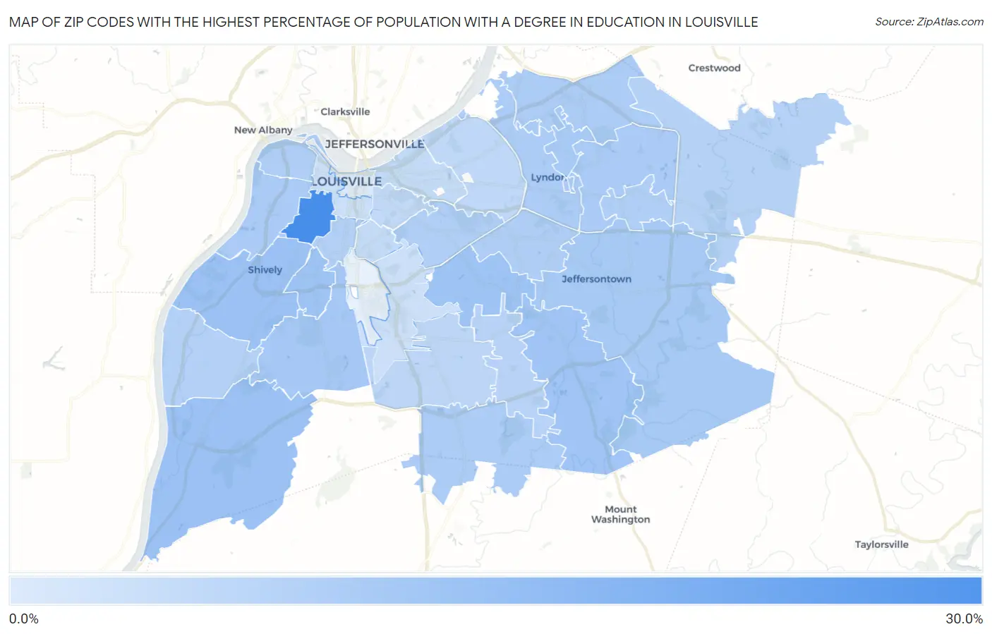 Zip Codes with the Highest Percentage of Population with a Degree in Education in Louisville Map