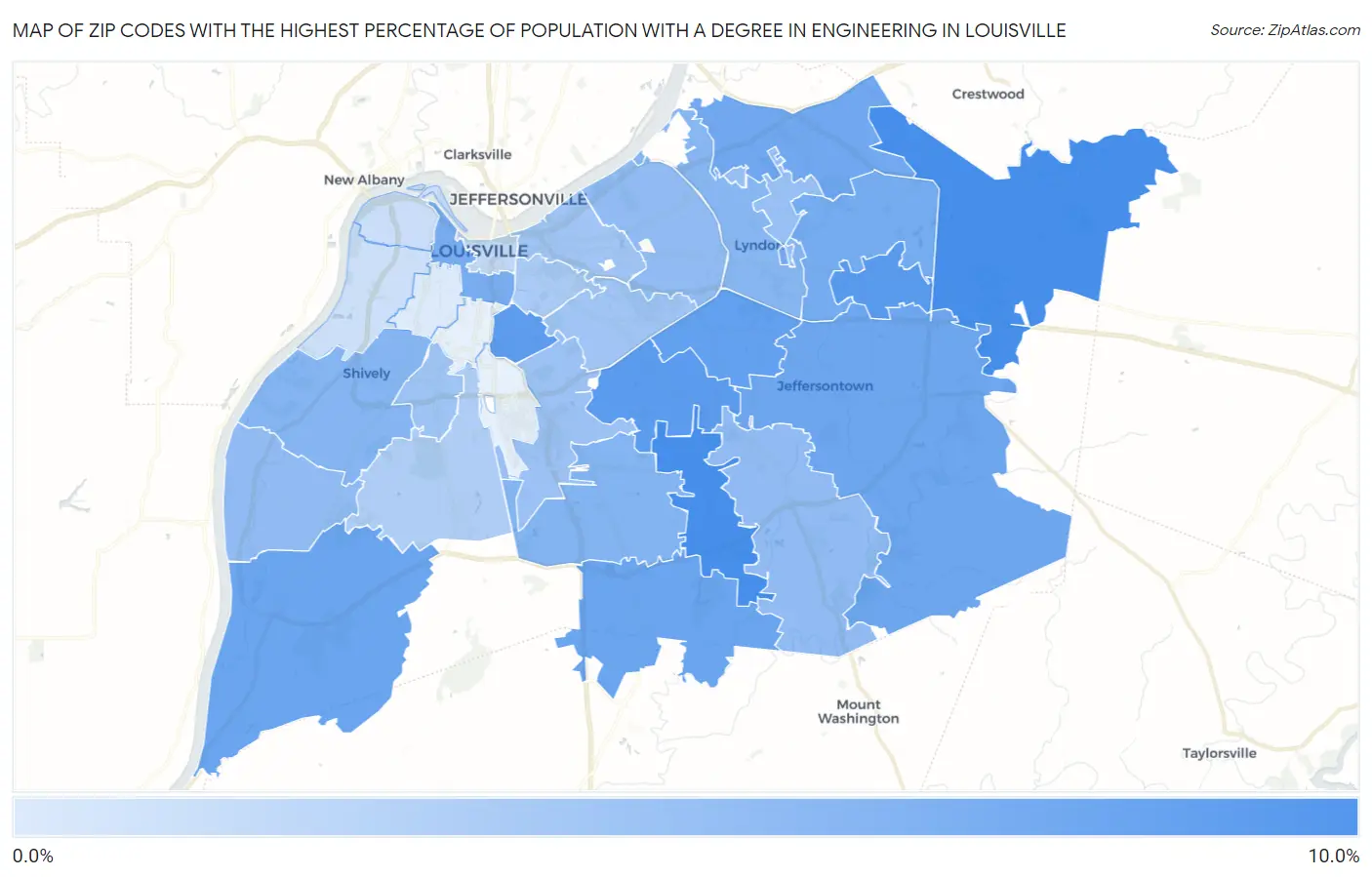 Zip Codes with the Highest Percentage of Population with a Degree in Engineering in Louisville Map