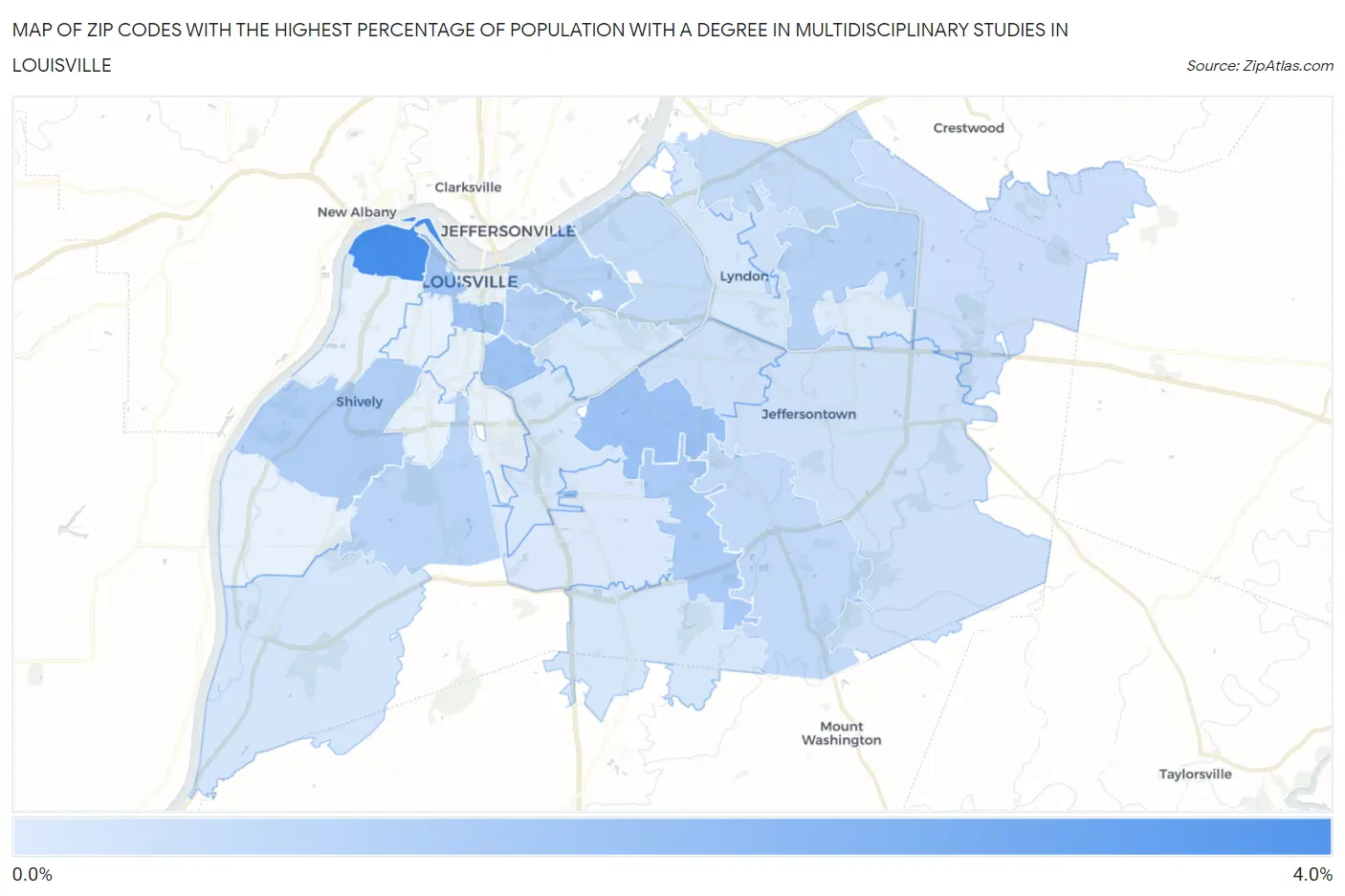 Zip Codes with the Highest Percentage of Population with a Degree in Multidisciplinary Studies in Louisville Map