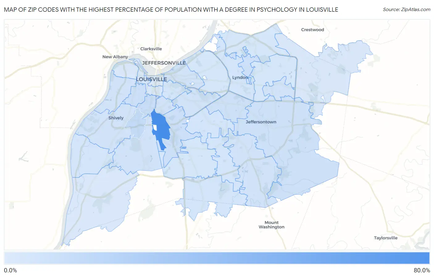 Zip Codes with the Highest Percentage of Population with a Degree in Psychology in Louisville Map