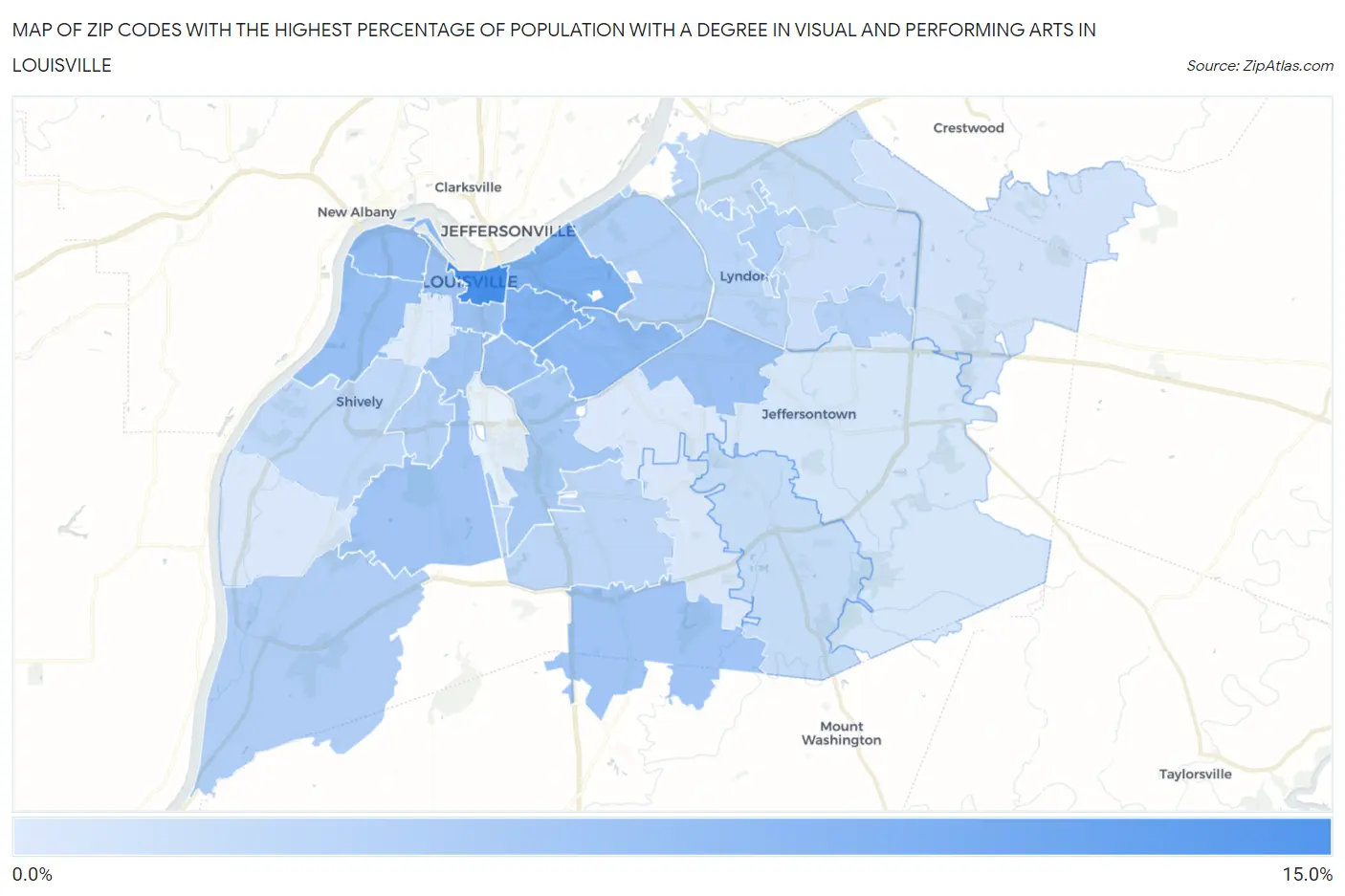 Zip Codes with the Highest Percentage of Population with a Degree in Visual and Performing Arts in Louisville Map