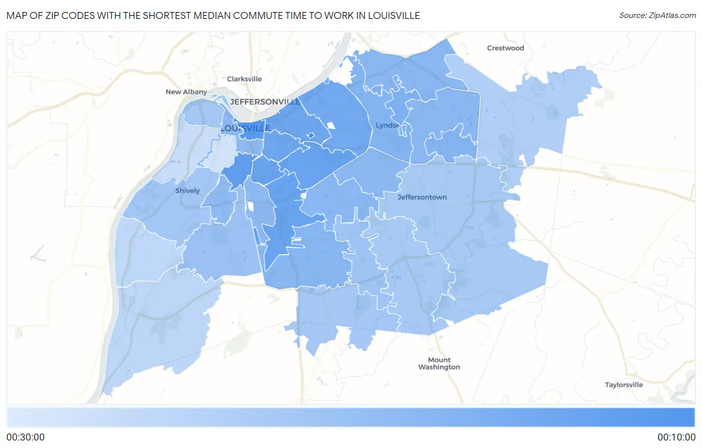 Zip Codes with the Shortest Median Commute Time to Work in Louisville Map