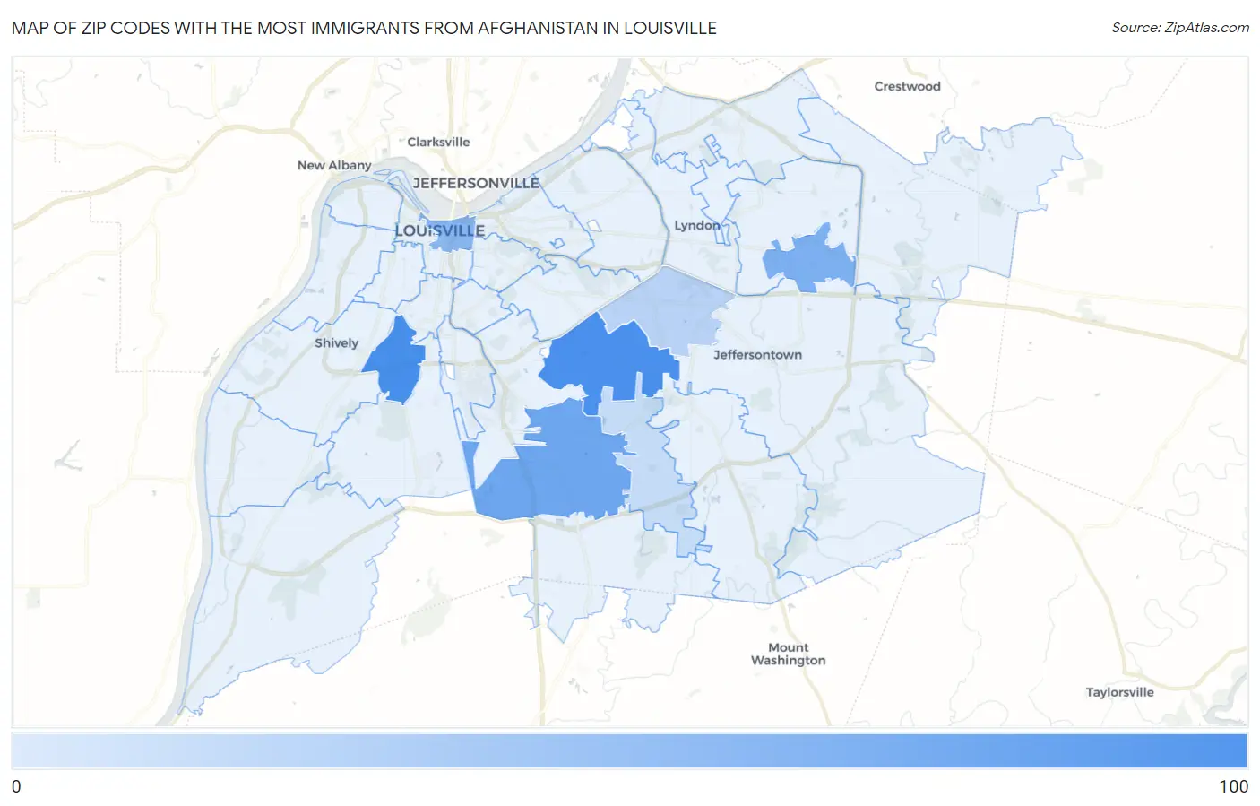 Zip Codes with the Most Immigrants from Afghanistan in Louisville Map
