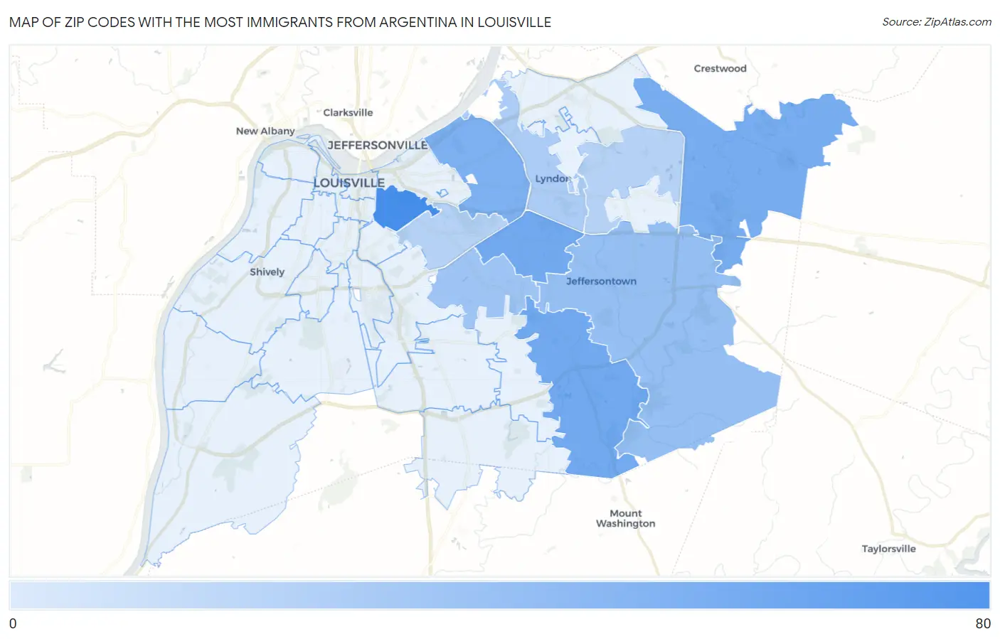 Zip Codes with the Most Immigrants from Argentina in Louisville Map