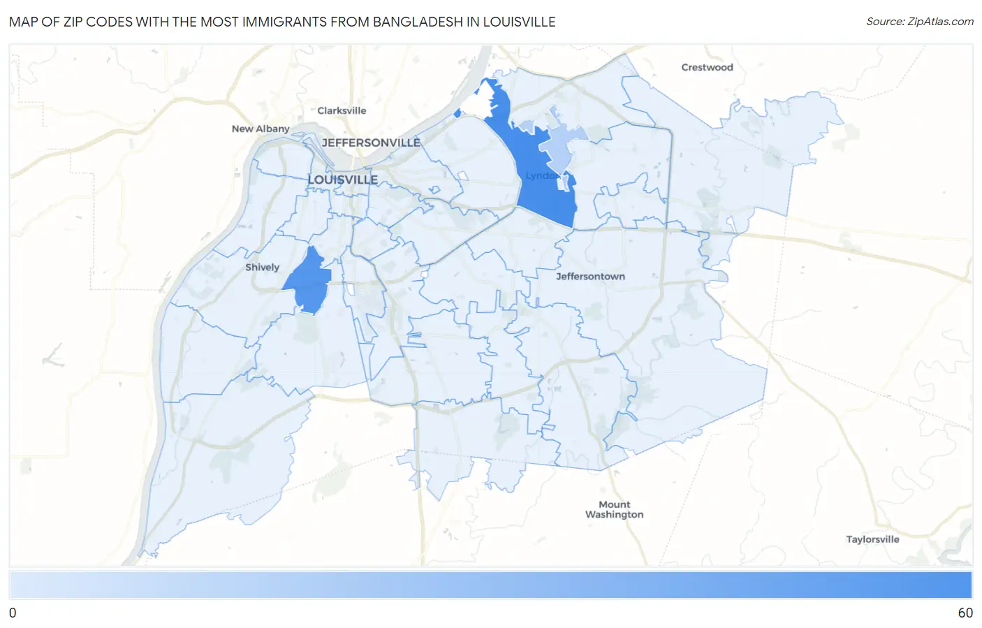 Zip Codes with the Most Immigrants from Bangladesh in Louisville Map