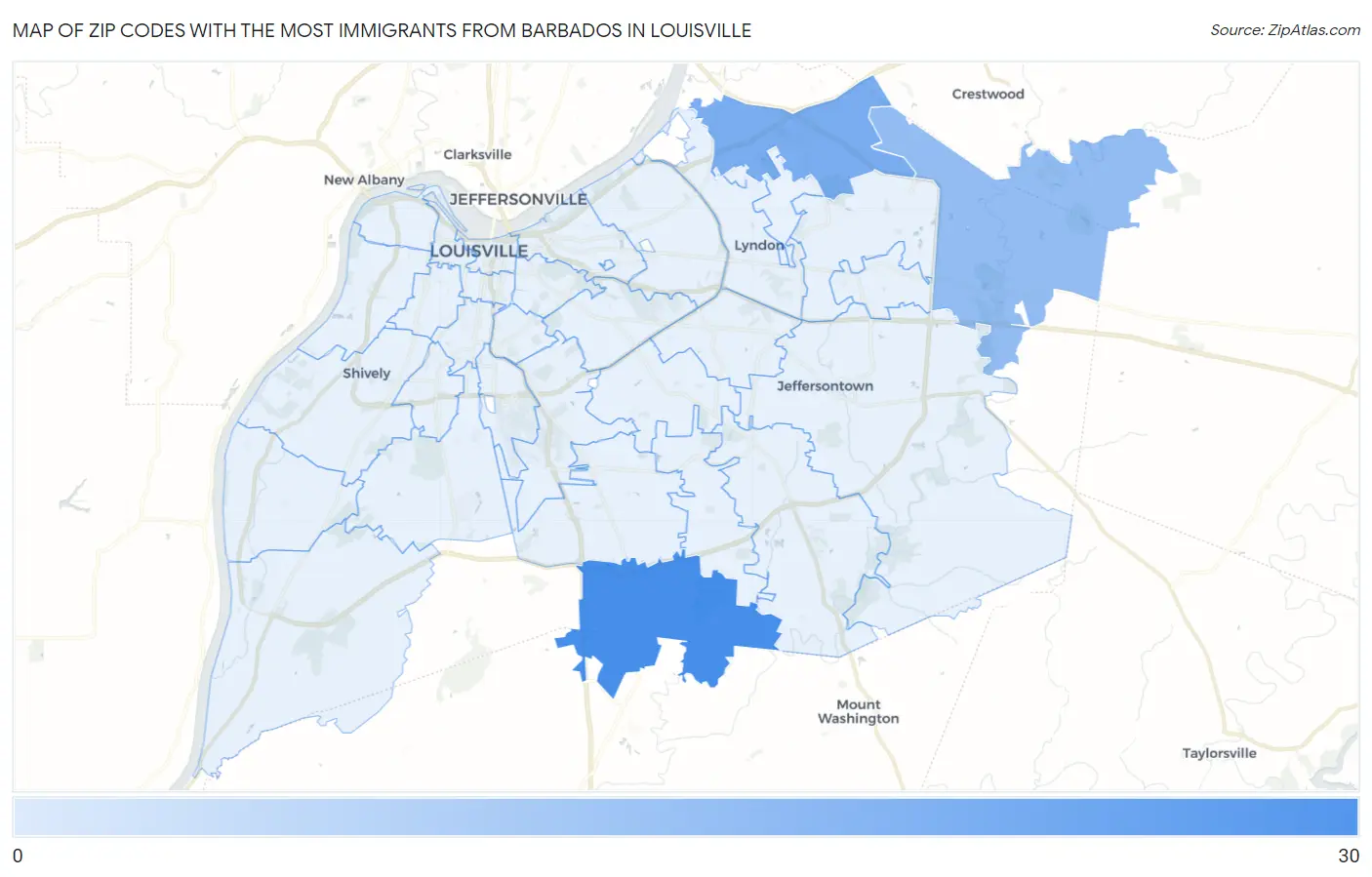 Zip Codes with the Most Immigrants from Barbados in Louisville Map