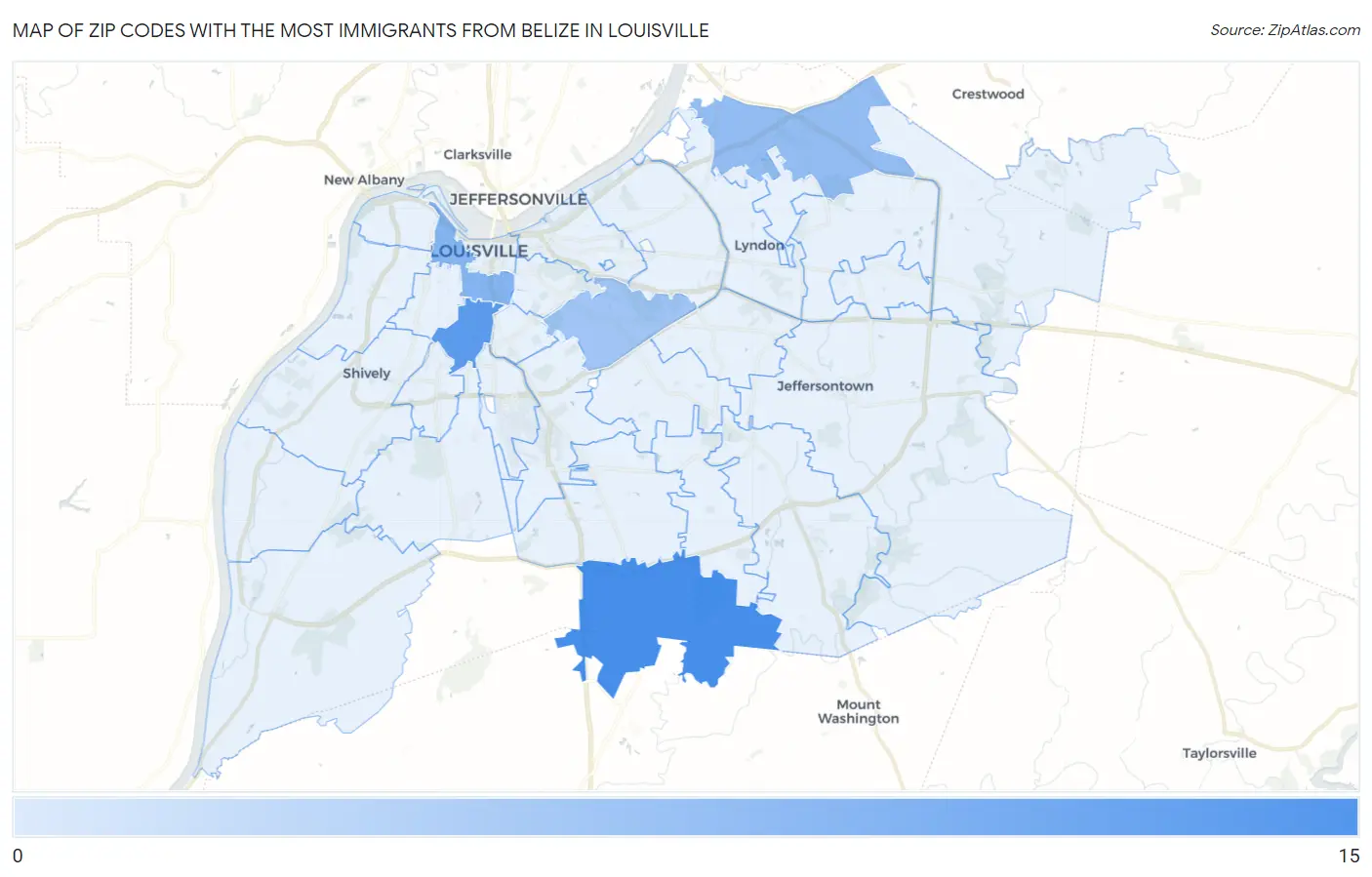 Zip Codes with the Most Immigrants from Belize in Louisville Map
