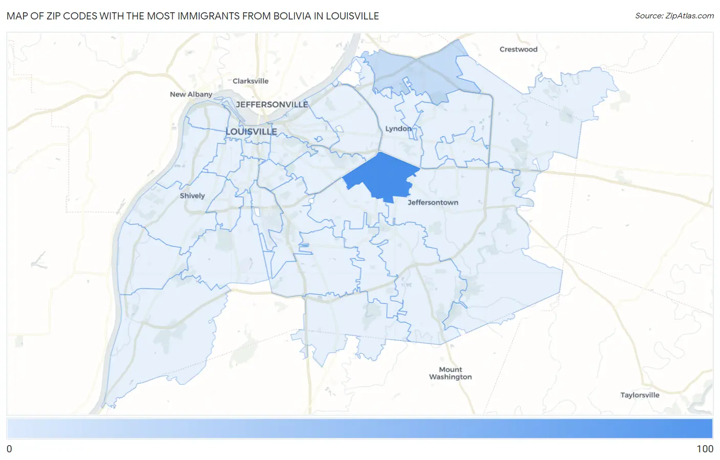 Zip Codes with the Most Immigrants from Bolivia in Louisville Map