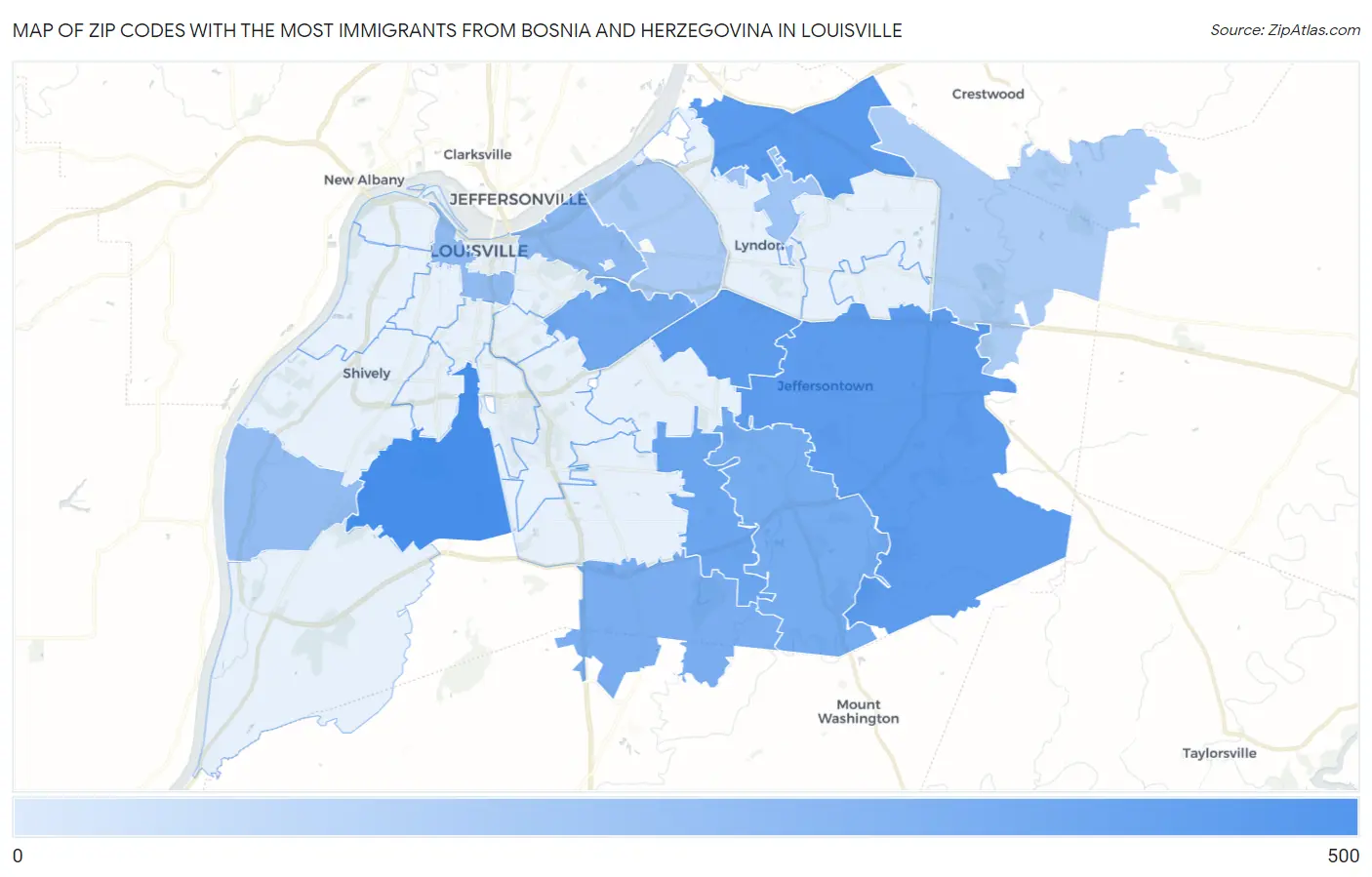 Zip Codes with the Most Immigrants from Bosnia and Herzegovina in Louisville Map