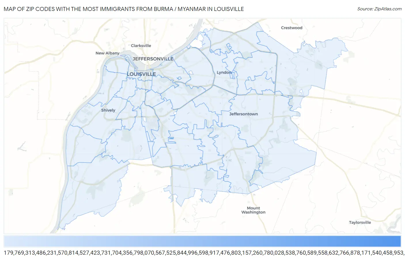 Zip Codes with the Most Immigrants from Burma / Myanmar in Louisville Map