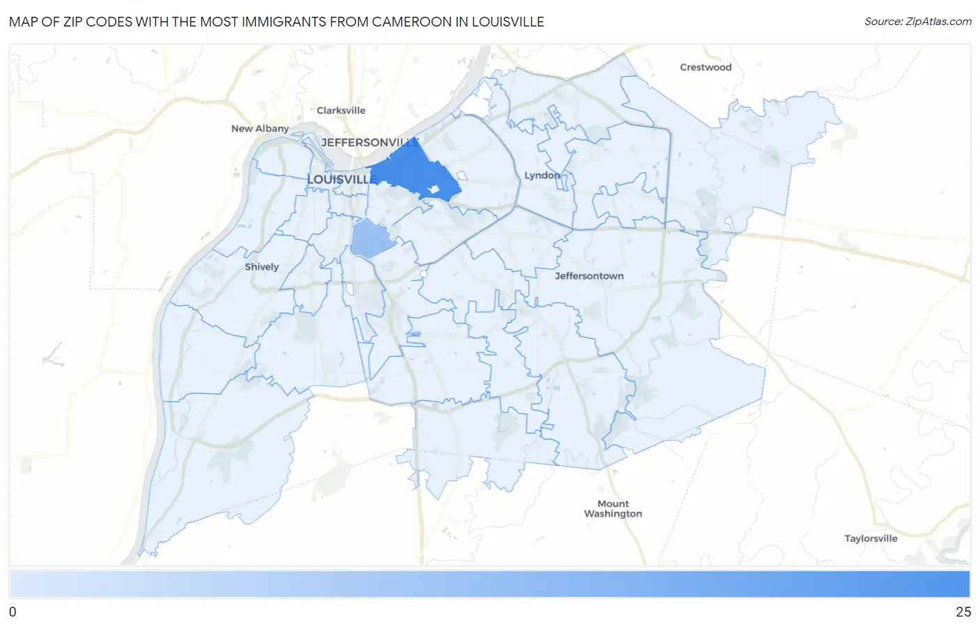Zip Codes with the Most Immigrants from Cameroon in Louisville Map