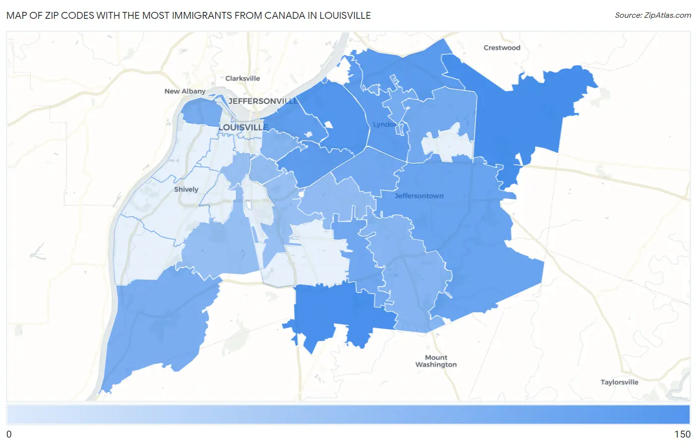 Zip Codes with the Most Immigrants from Canada in Louisville Map