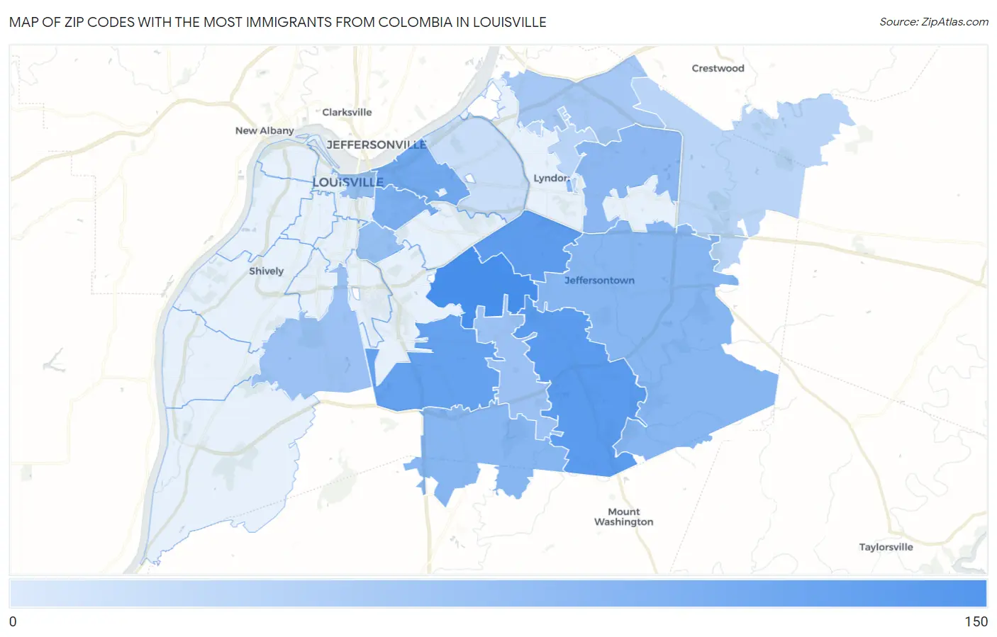 Zip Codes with the Most Immigrants from Colombia in Louisville Map