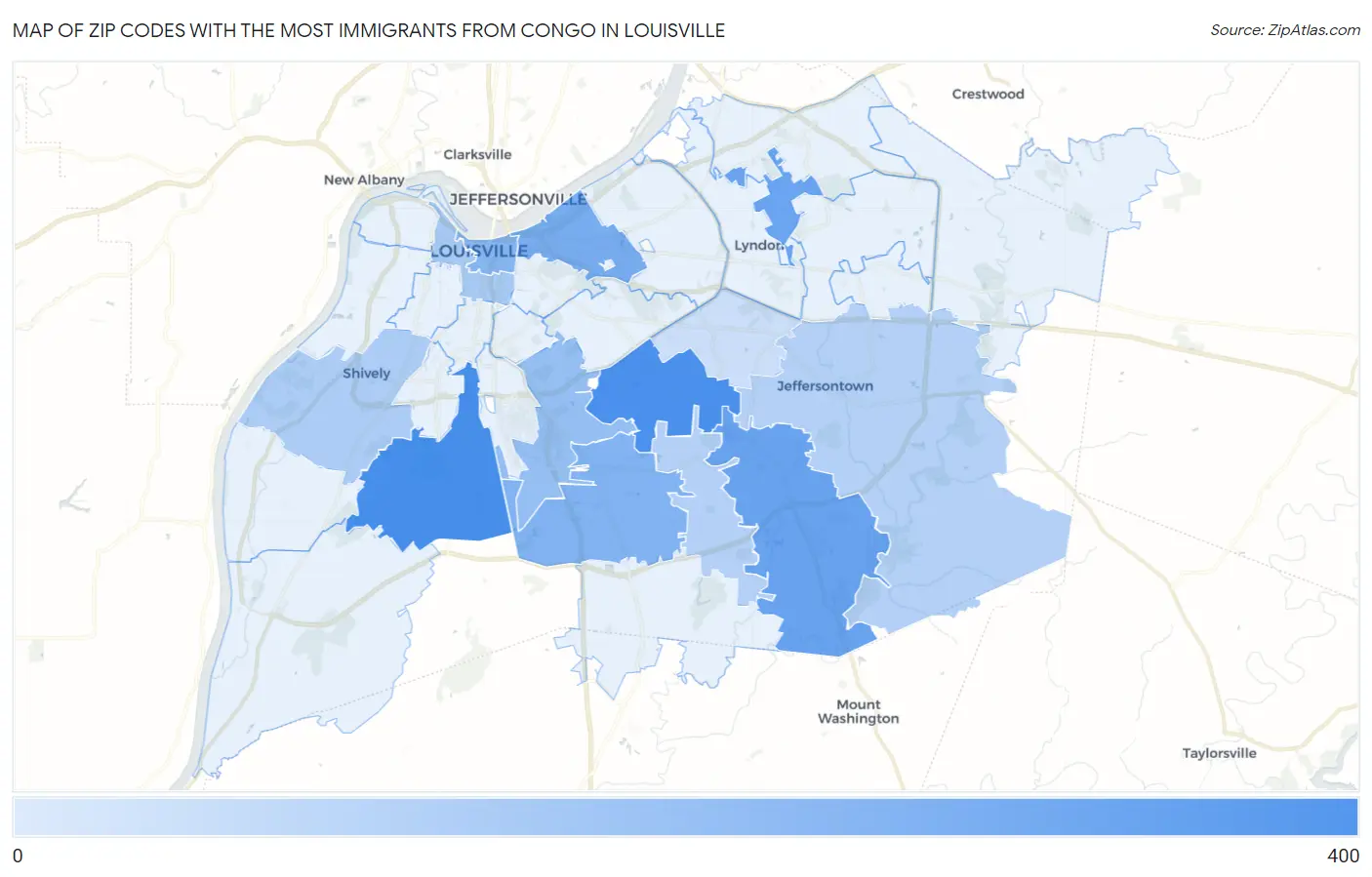Zip Codes with the Most Immigrants from Congo in Louisville Map