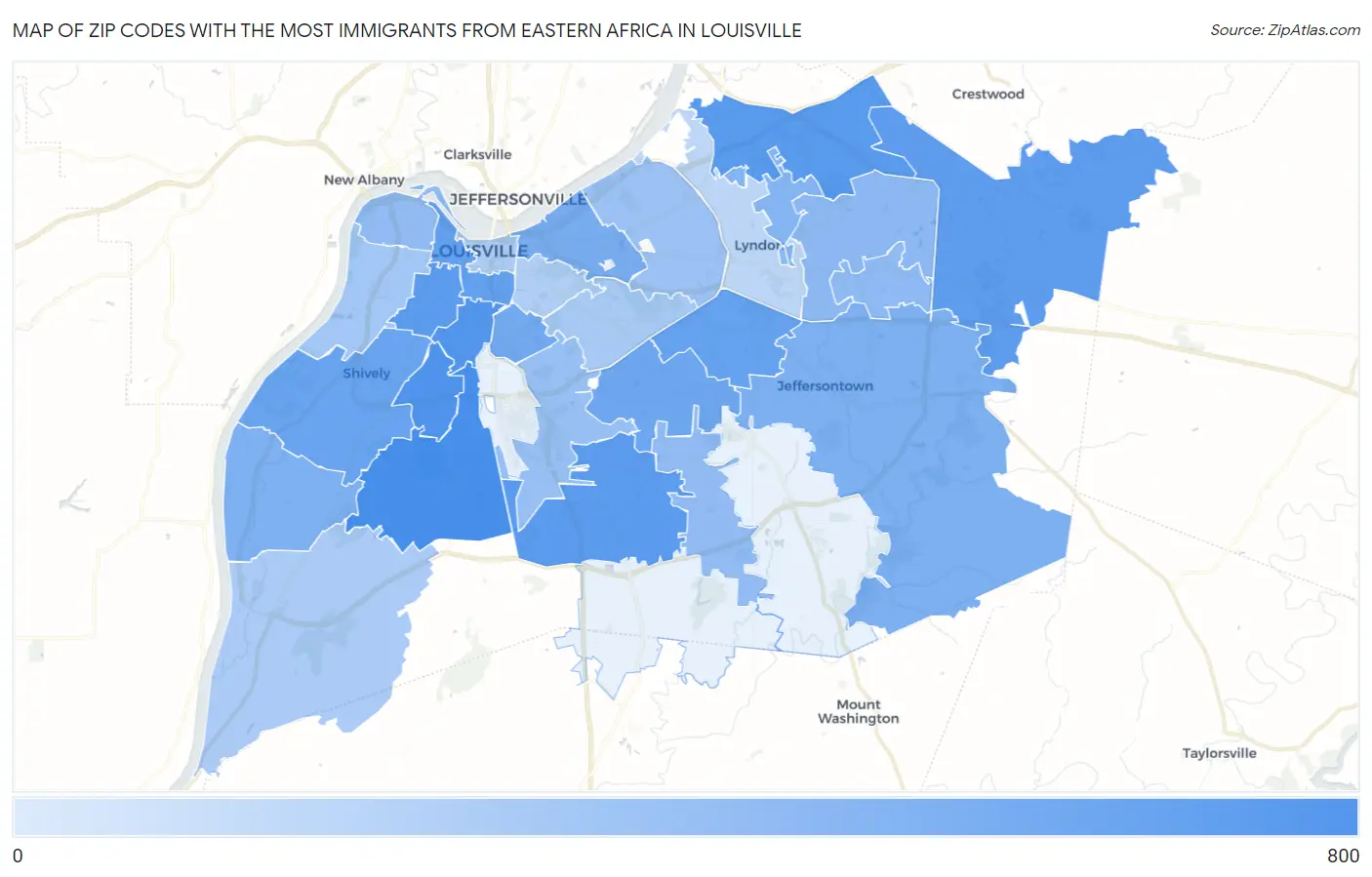 Zip Codes with the Most Immigrants from Eastern Africa in Louisville Map