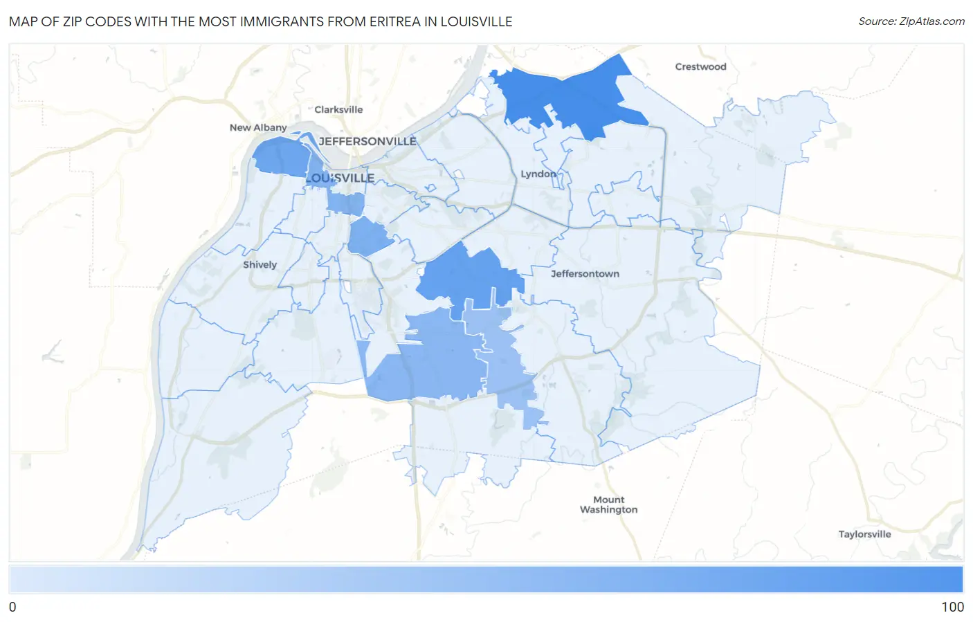 Zip Codes with the Most Immigrants from Eritrea in Louisville Map