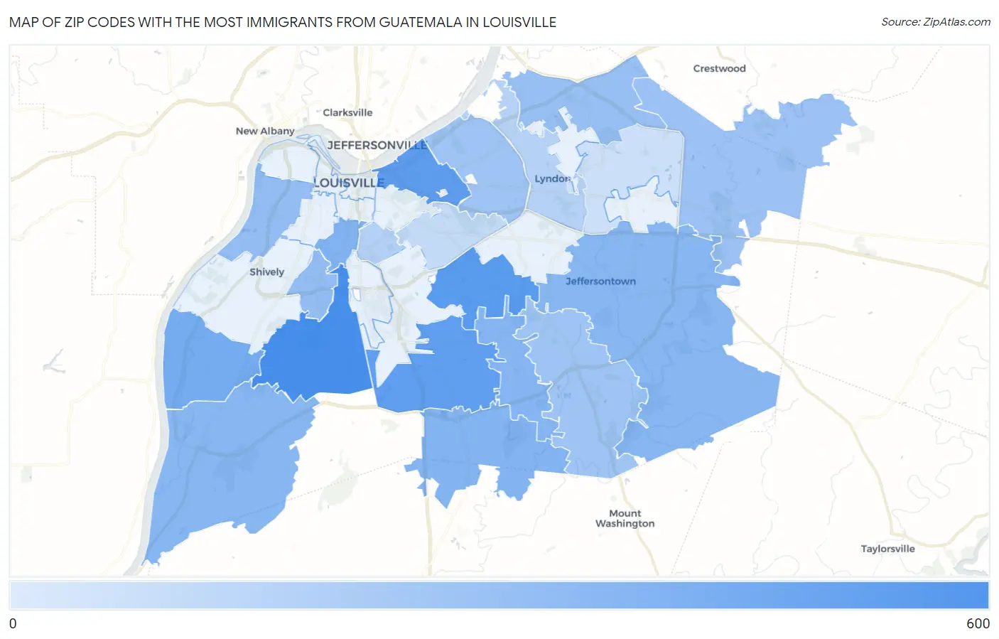 Zip Codes with the Most Immigrants from Guatemala in Louisville Map