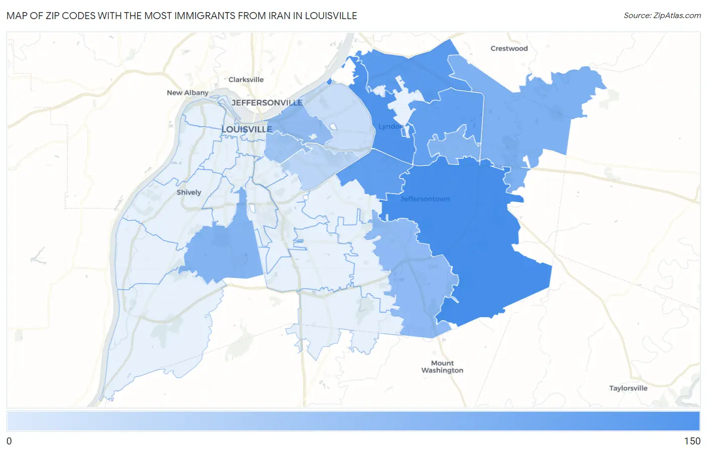 Zip Codes with the Most Immigrants from Iran in Louisville Map
