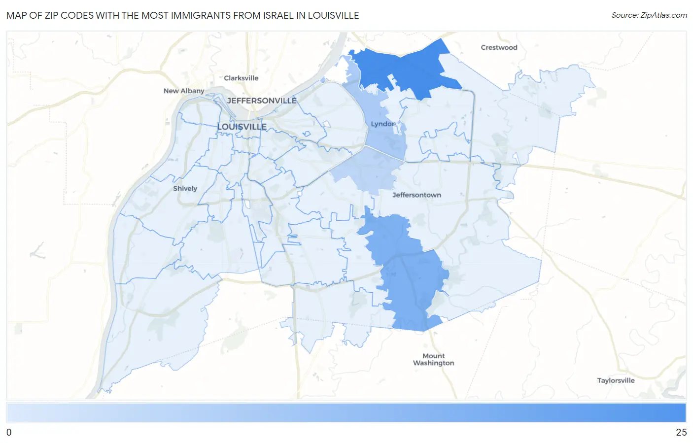Zip Codes with the Most Immigrants from Israel in Louisville Map