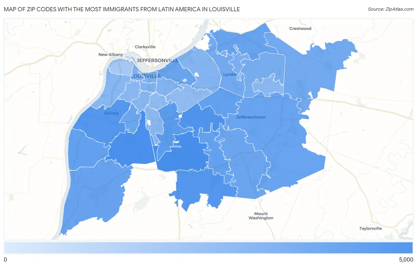 Zip Codes with the Most Immigrants from Latin America in Louisville Map