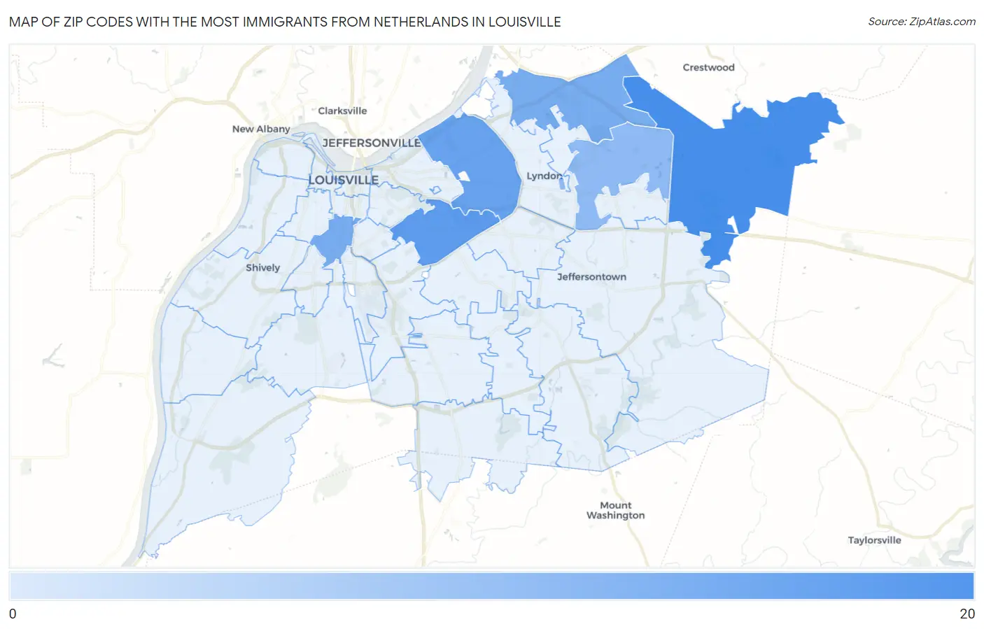 Zip Codes with the Most Immigrants from Netherlands in Louisville Map