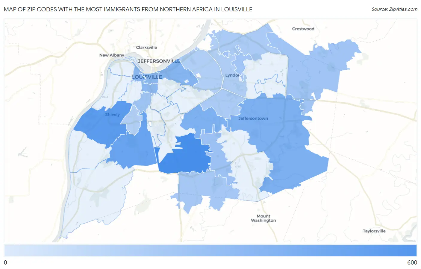 Zip Codes with the Most Immigrants from Northern Africa in Louisville Map