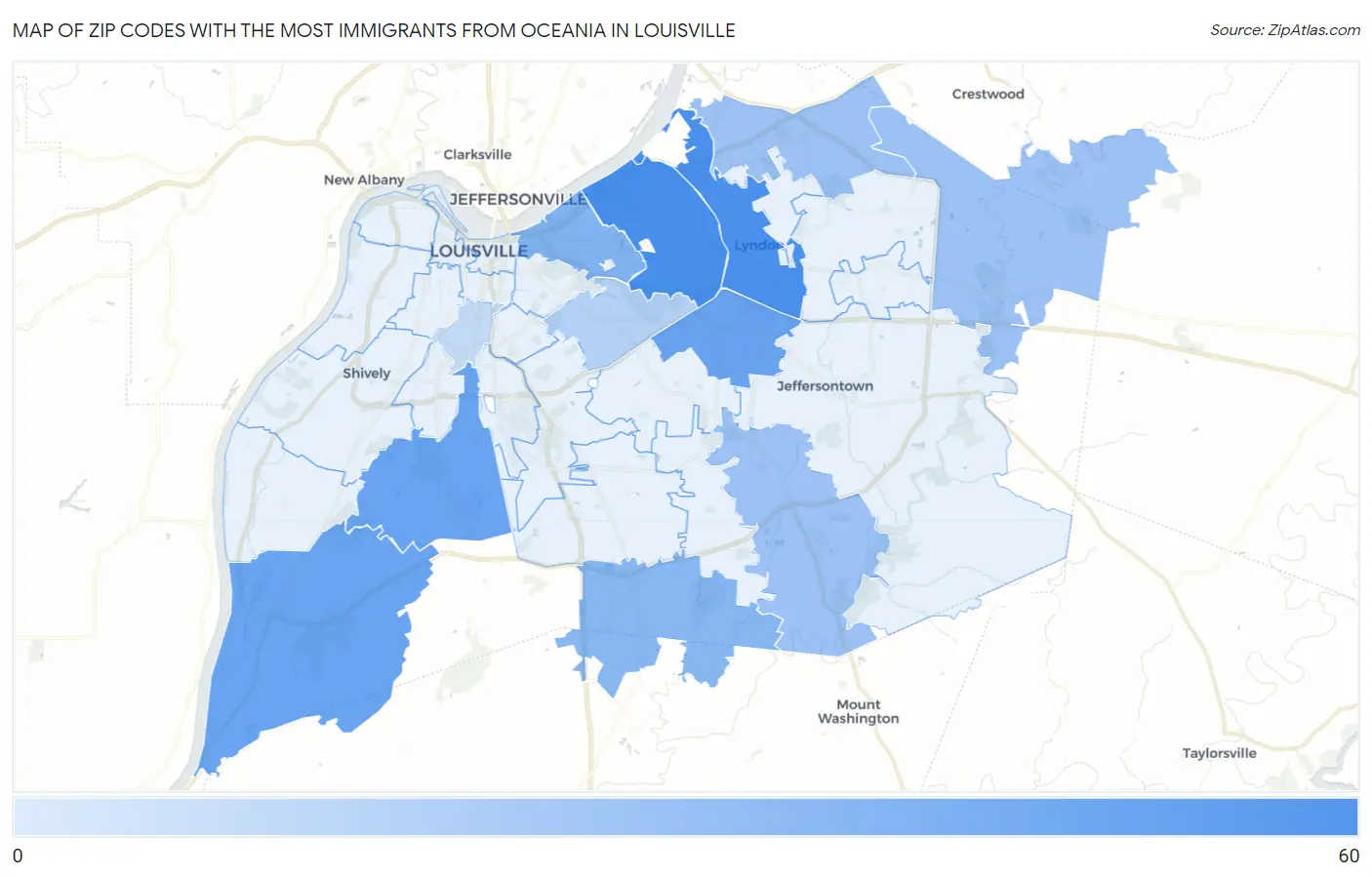 Zip Codes with the Most Immigrants from Oceania in Louisville Map
