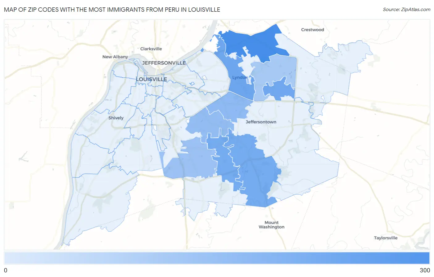 Zip Codes with the Most Immigrants from Peru in Louisville Map