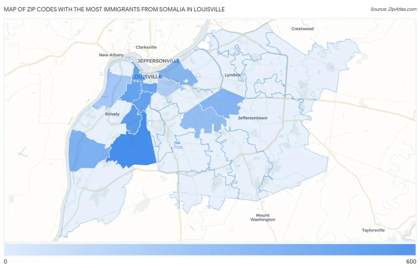 Zip Codes with the Most Immigrants from Somalia in Louisville Map