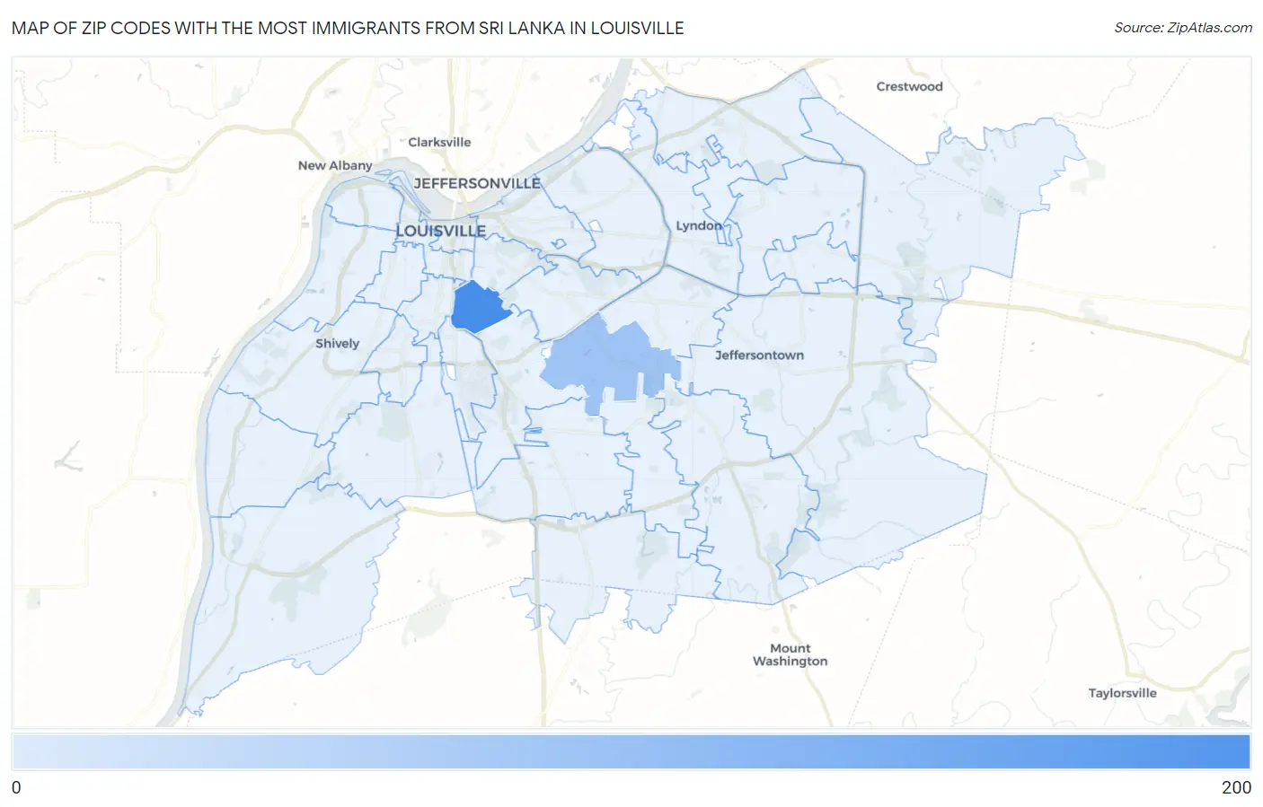 Zip Codes with the Most Immigrants from Sri Lanka in Louisville Map