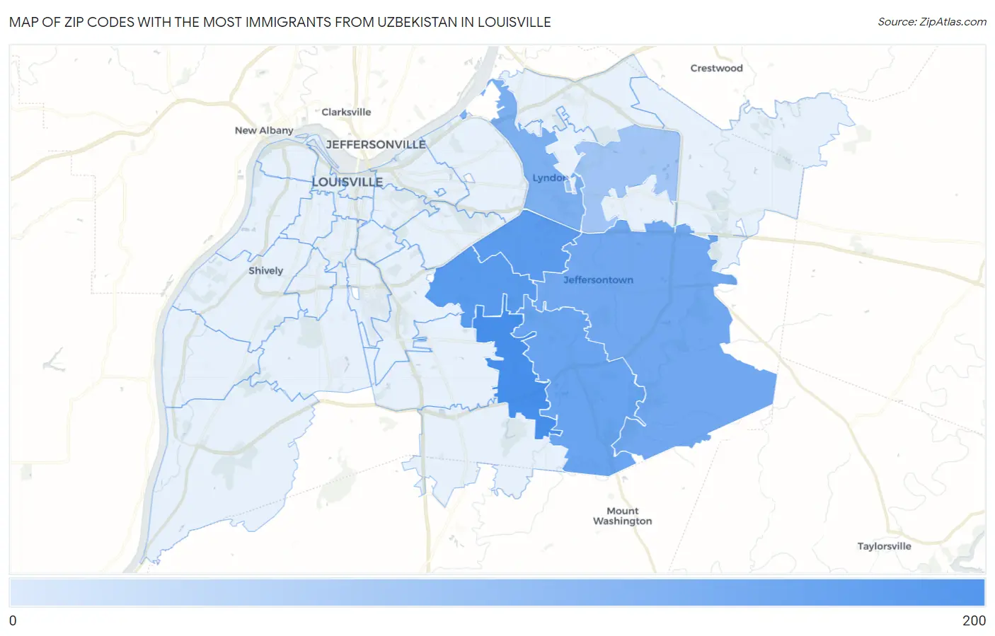 Zip Codes with the Most Immigrants from Uzbekistan in Louisville Map