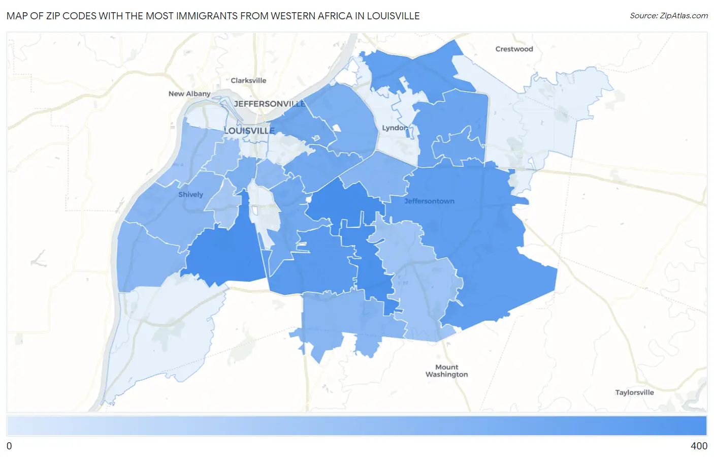 Zip Codes with the Most Immigrants from Western Africa in Louisville Map