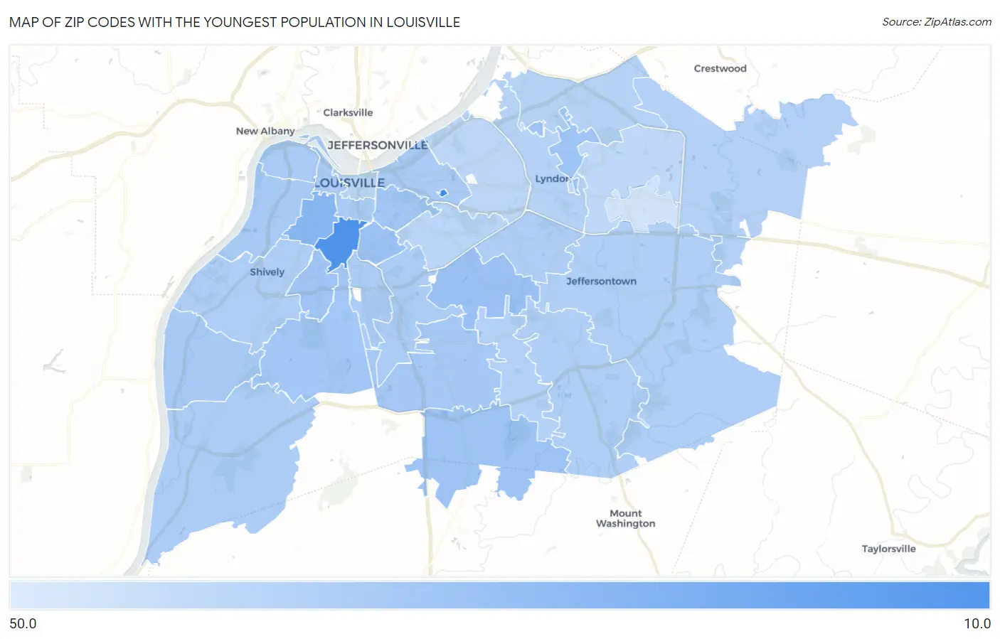 Zip Codes with the Youngest Population in Louisville Map
