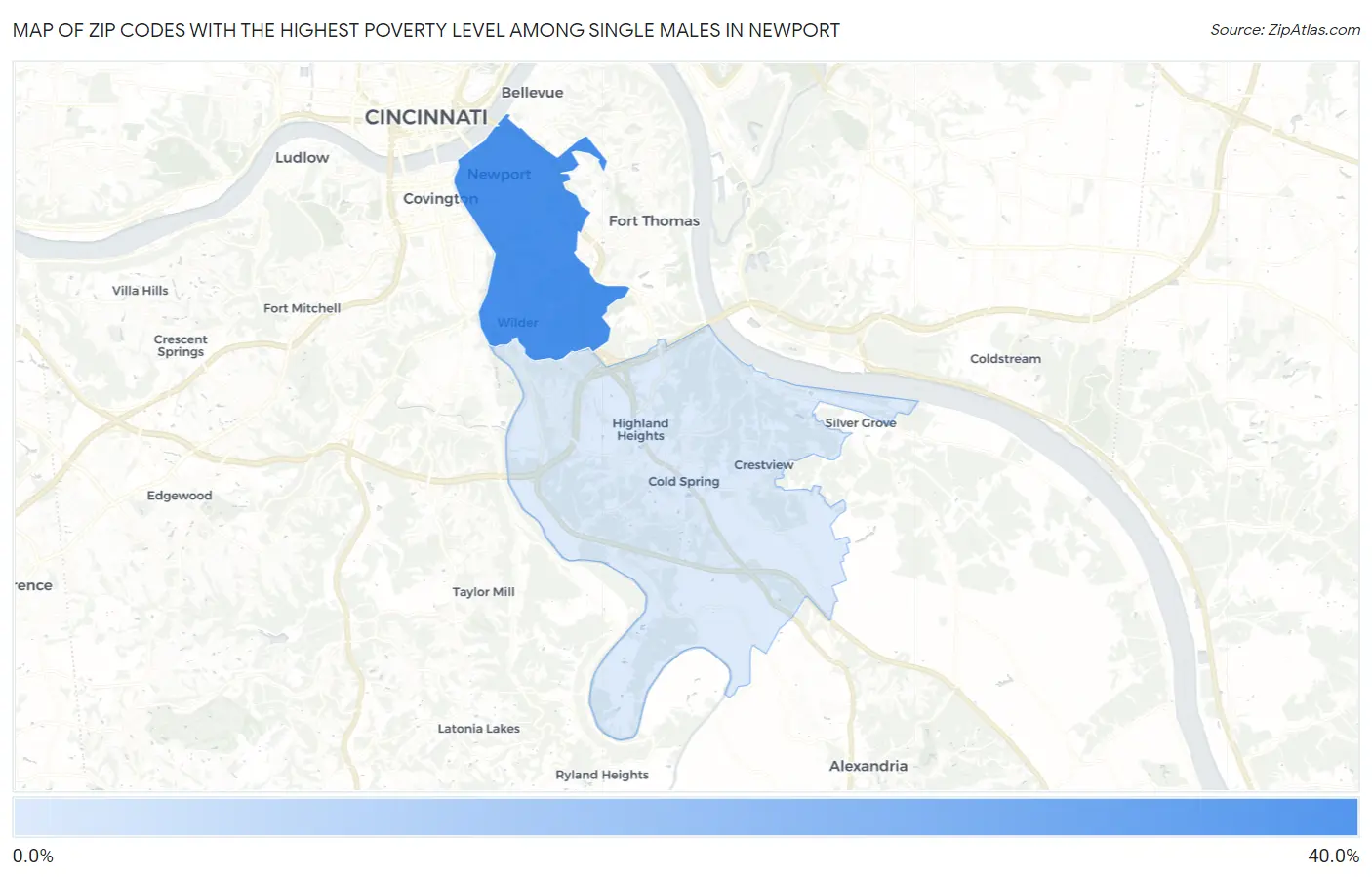 Zip Codes with the Highest Poverty Level Among Single Males in Newport Map