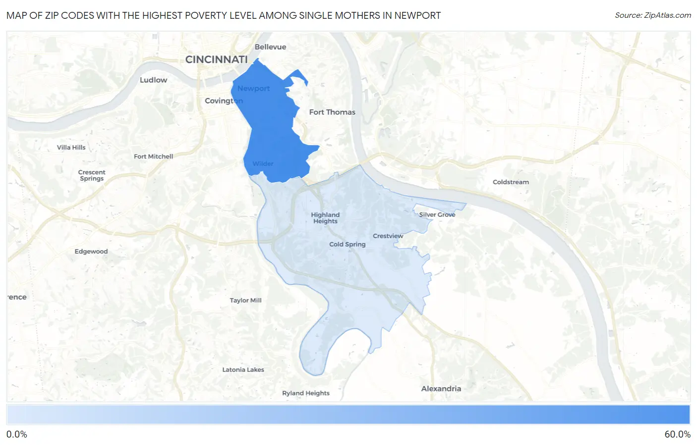 Zip Codes with the Highest Poverty Level Among Single Mothers in Newport Map