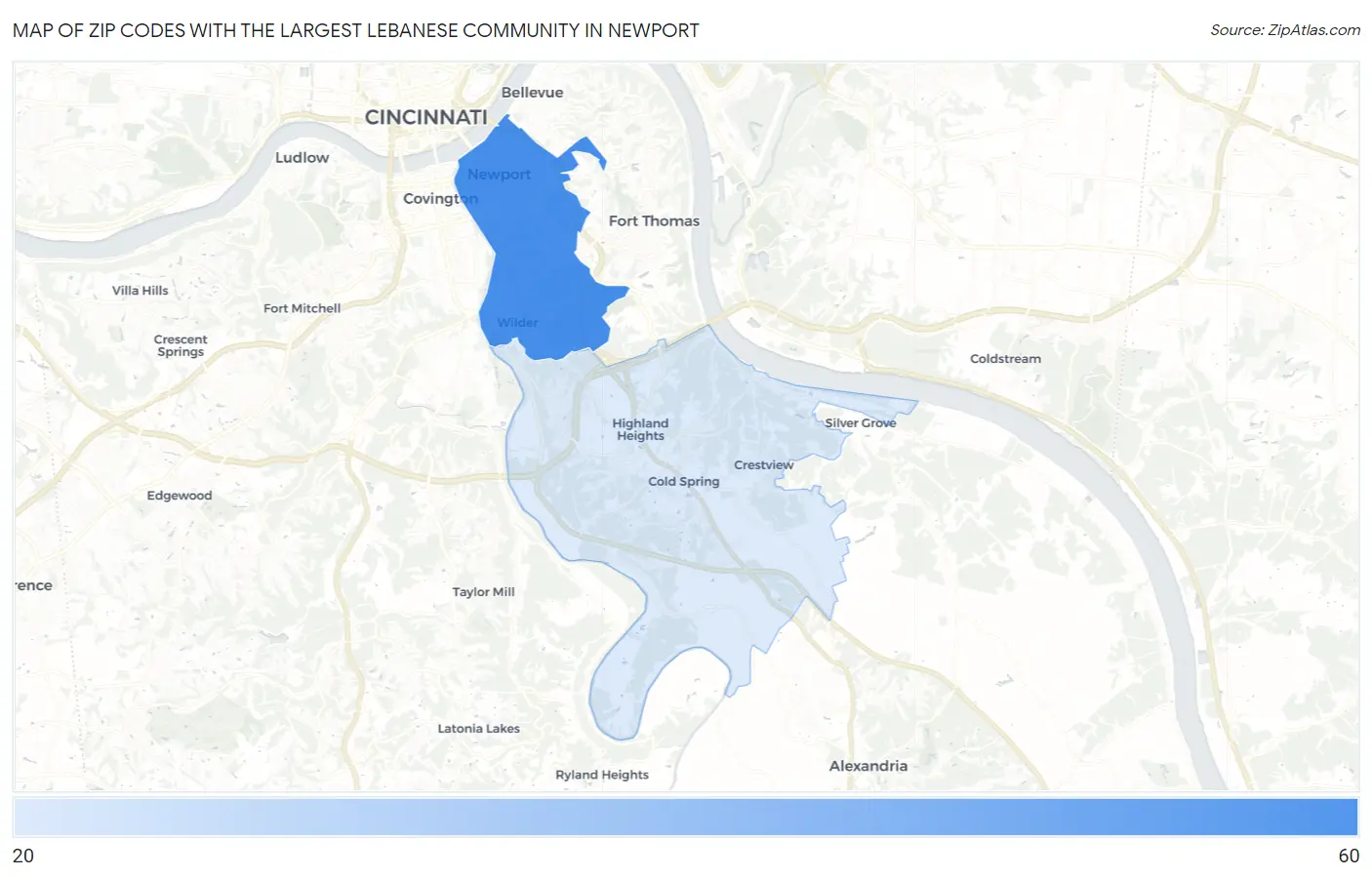 Zip Codes with the Largest Lebanese Community in Newport Map