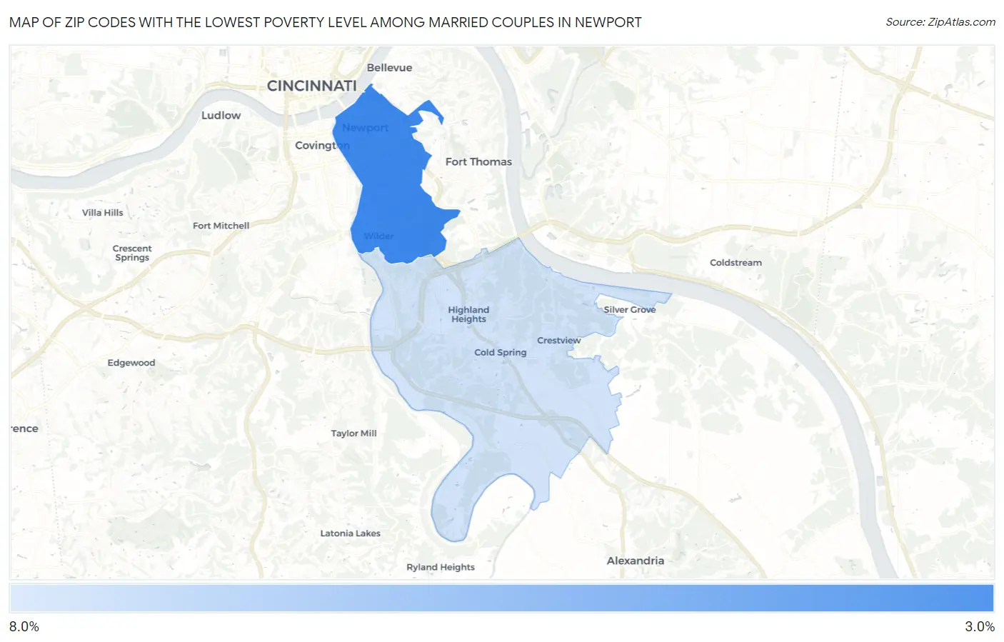 Zip Codes with the Lowest Poverty Level Among Married Couples in Newport Map