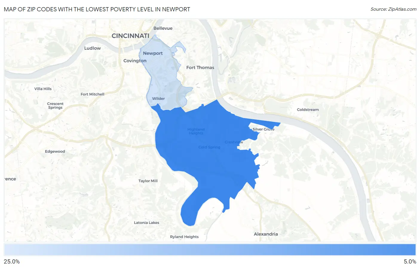 Zip Codes with the Lowest Poverty Level in Newport Map