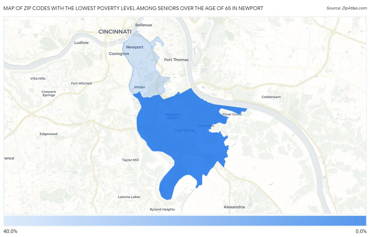 Zip Codes with the Lowest Poverty Level Among Seniors Over the Age of 65 in Newport Map