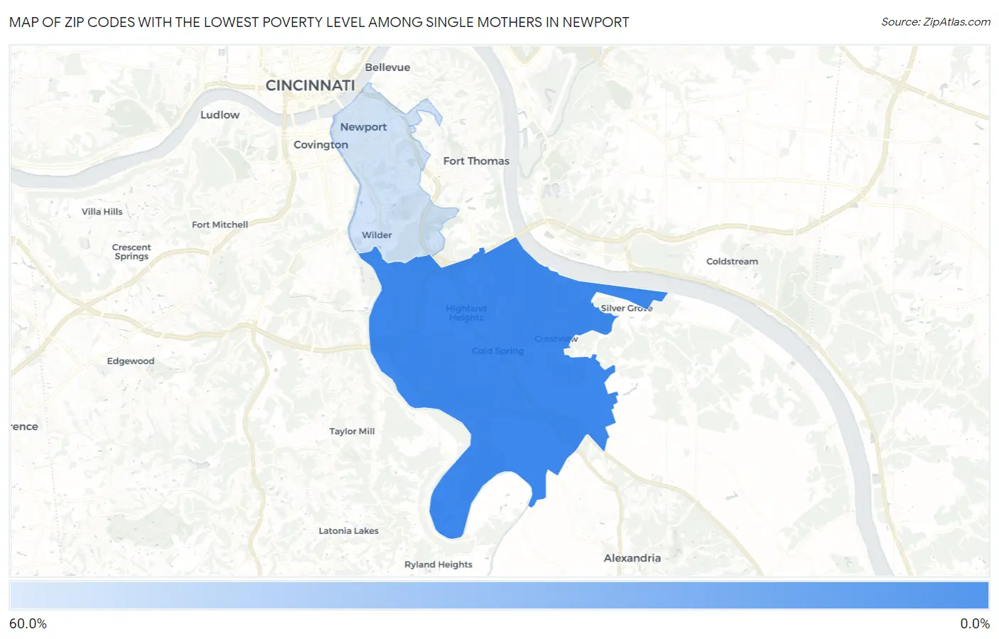 Zip Codes with the Lowest Poverty Level Among Single Mothers in Newport Map
