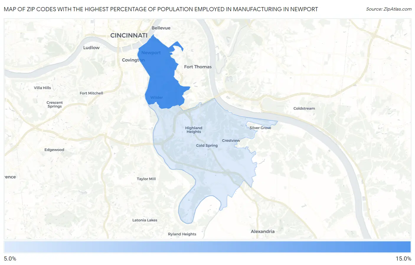 Zip Codes with the Highest Percentage of Population Employed in Manufacturing in Newport Map