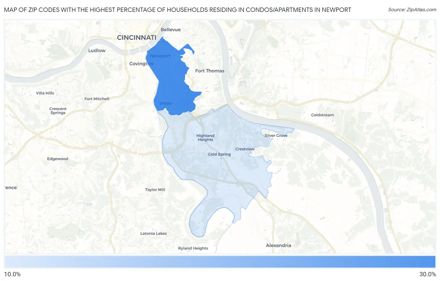 Zip Codes with the Highest Percentage of Households Residing in Condos/Apartments in Newport Map