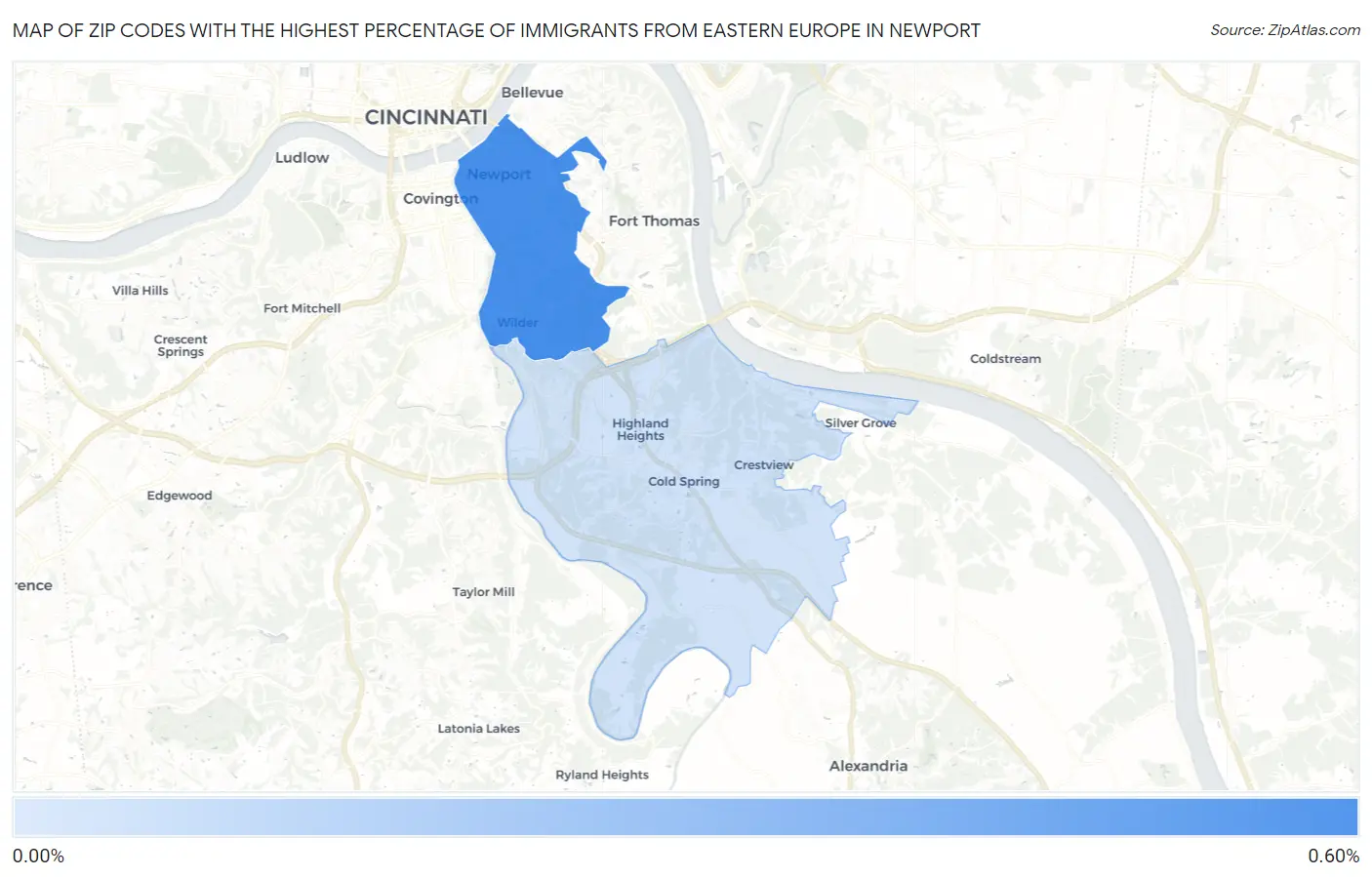 Zip Codes with the Highest Percentage of Immigrants from Eastern Europe in Newport Map