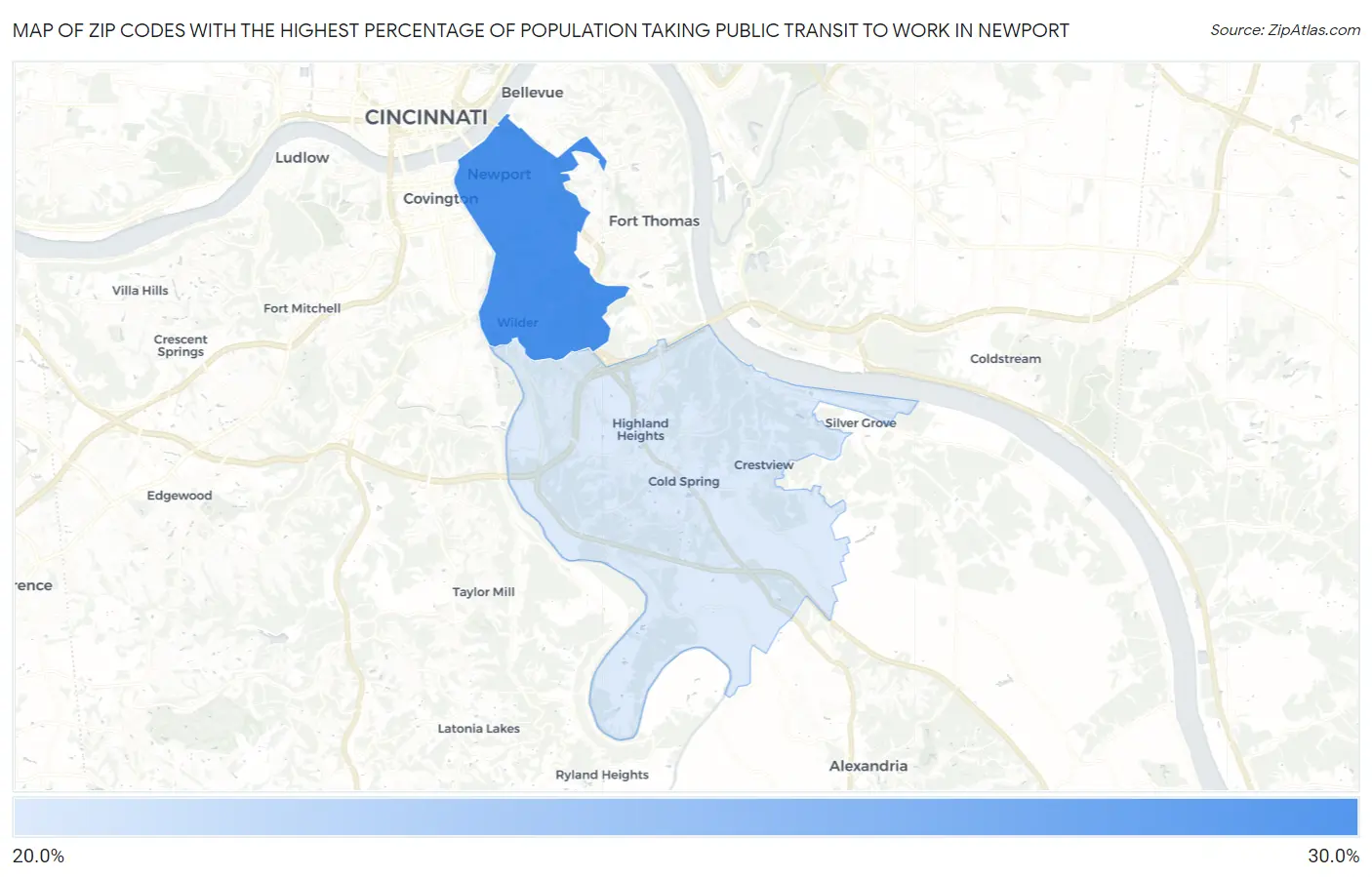 Zip Codes with the Highest Percentage of Population Taking Public Transit to Work in Newport Map