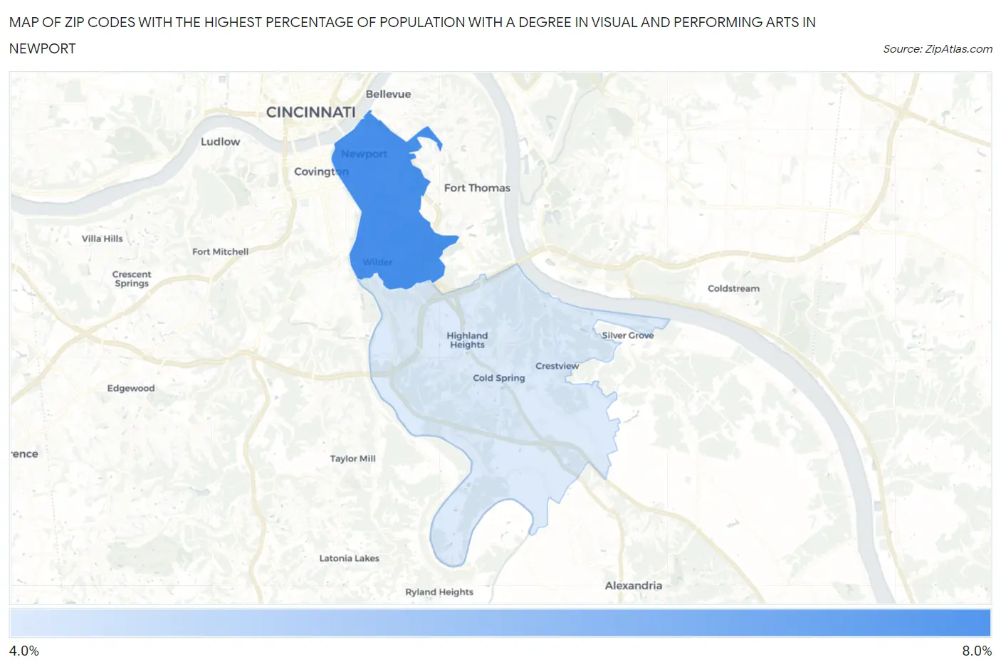 Zip Codes with the Highest Percentage of Population with a Degree in Visual and Performing Arts in Newport Map