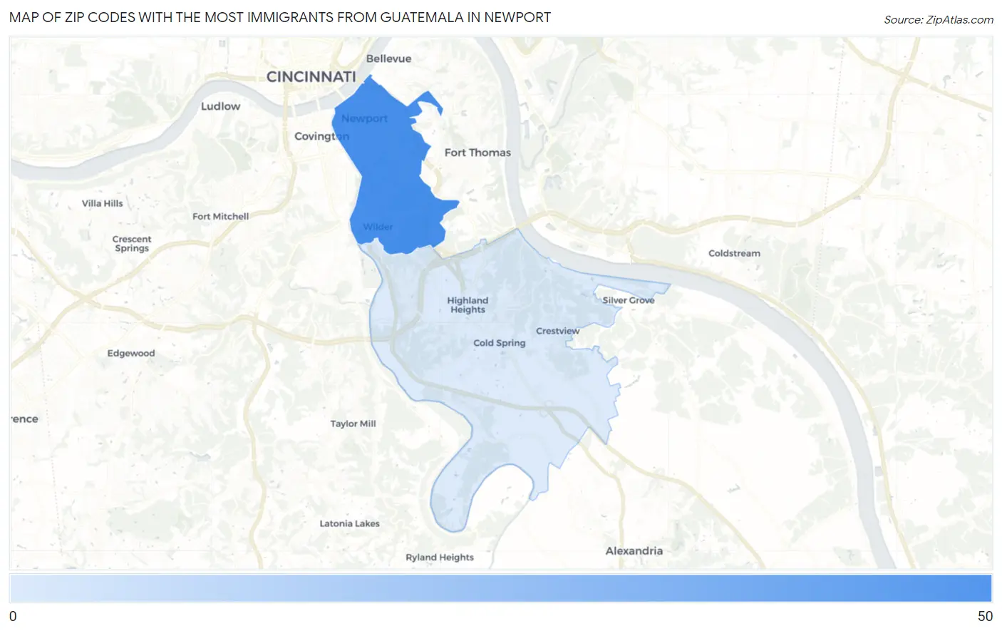 Zip Codes with the Most Immigrants from Guatemala in Newport Map