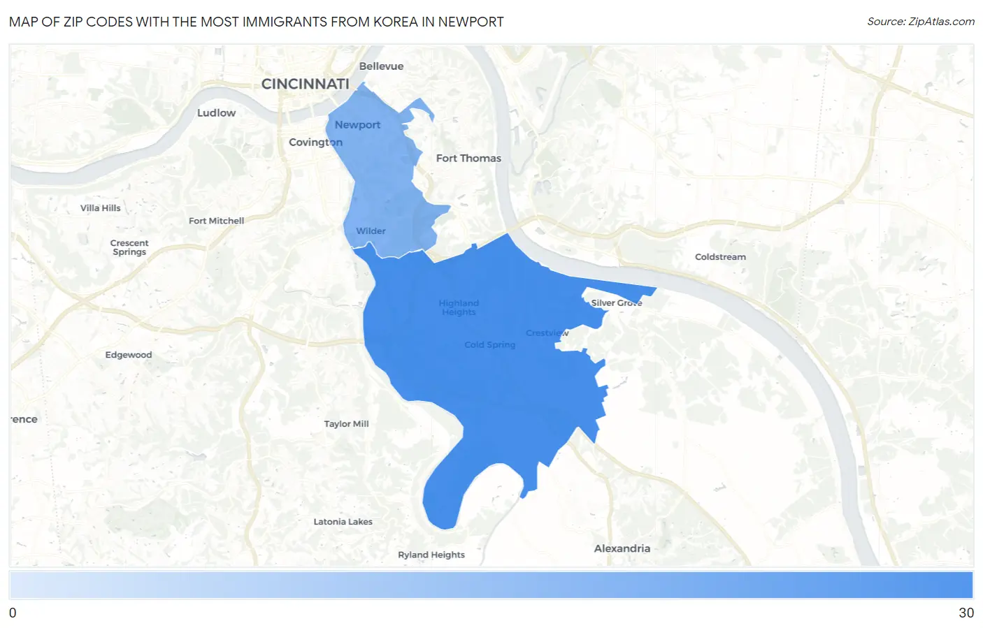 Zip Codes with the Most Immigrants from Korea in Newport Map